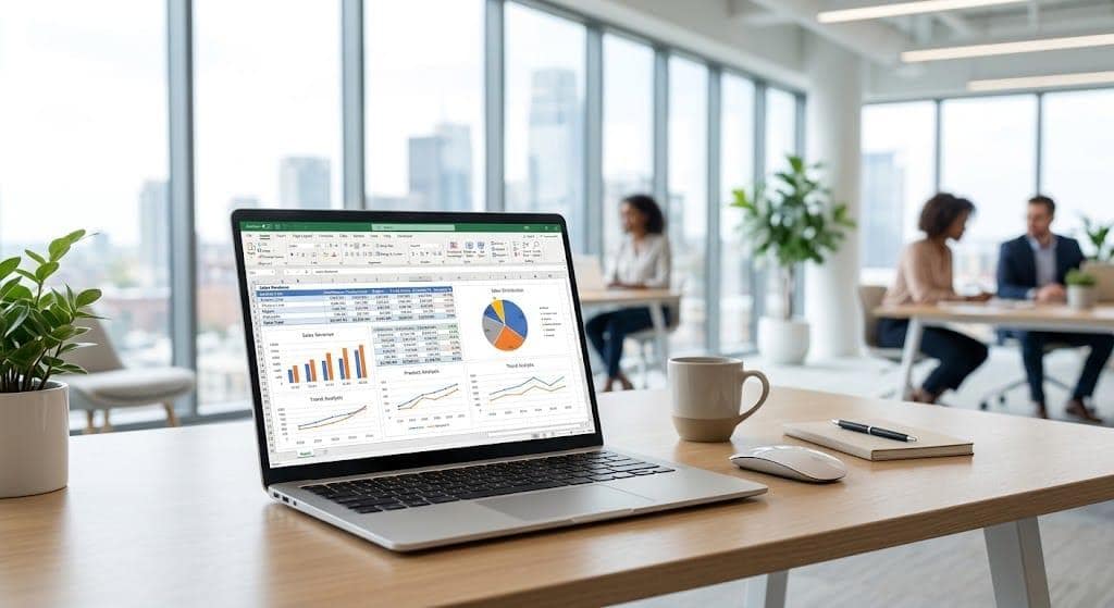 Illustration of office laptop with charts